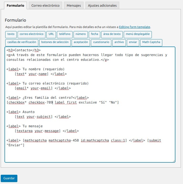 Código del formulario de contacto terminado