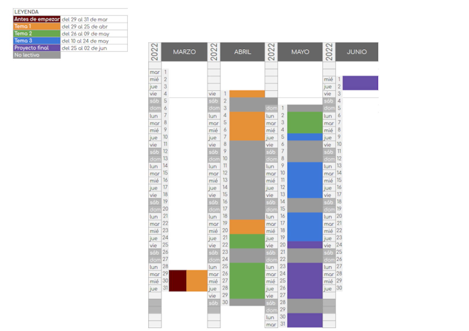 Calendario del curso