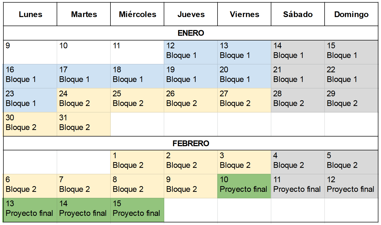 calendario del curso