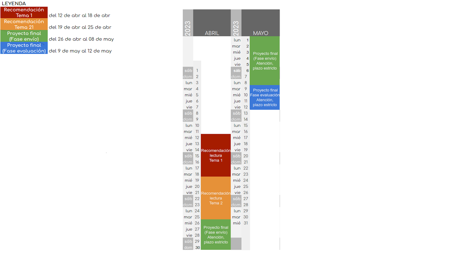 Calendario de desarrollo del curso