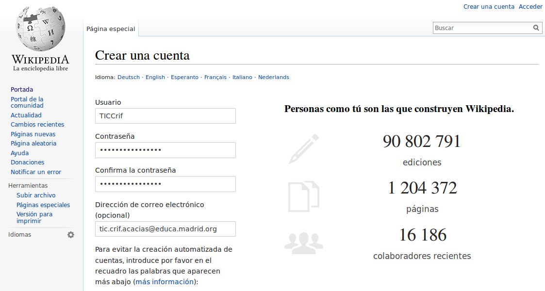 Crear una cuenta en Wikipedia