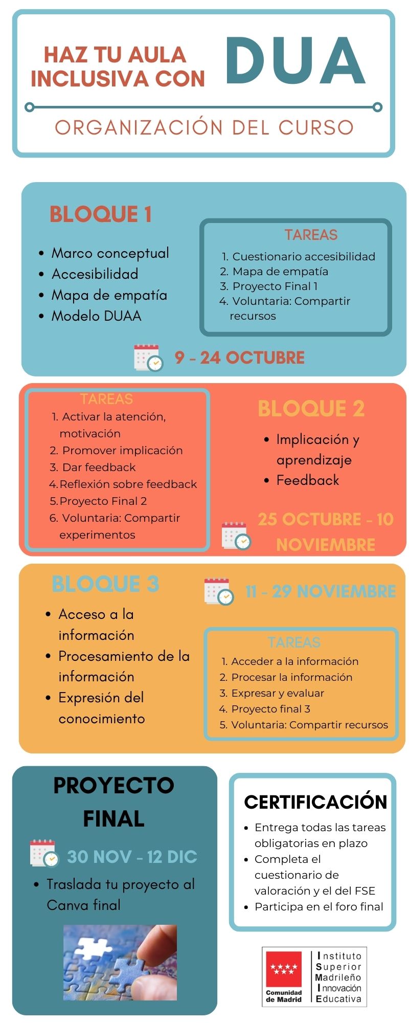 Infografía con el calendario de actividades del curso Haz tu aula inclusiva con DUAA 5ª edición