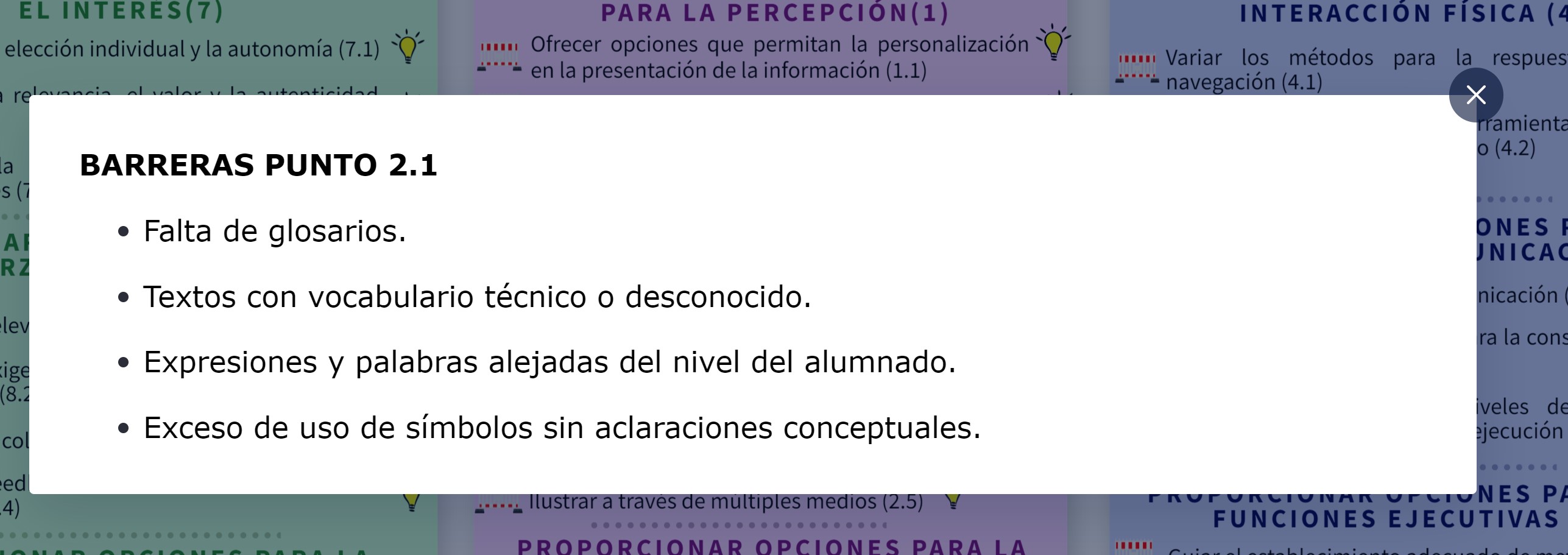 la imagen muestra las barreras que propone Aula Desigual para el punto 2.1: clarificar el vocabulario y los símbolos, donde aparece textos con vocabulario técnico o desconocido