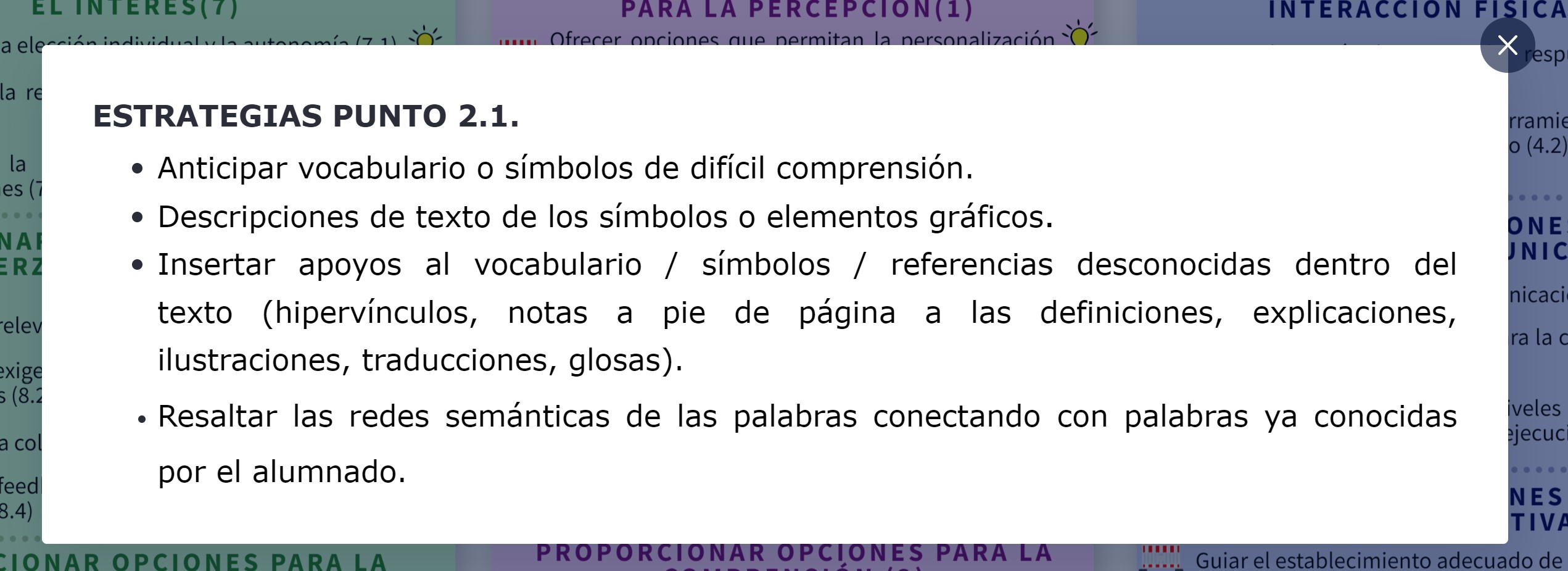 Estrategias de la tabla 2.2 de Aula Desigual para el punto de verificación 2.1 entre las que destaca anticipar vocabulario o símbolos de difícil comprensión