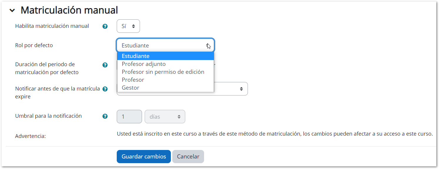 Muestra las opciones de configuración del método de matrícula manual