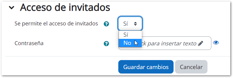 Ventana desde la que se define contraseña para el acceso a invitados al curso