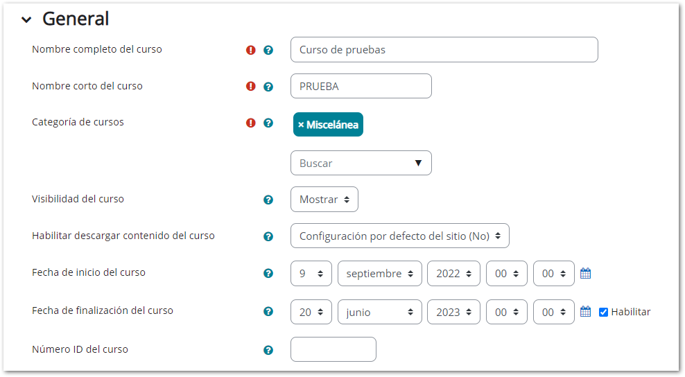 Configuración general del curso