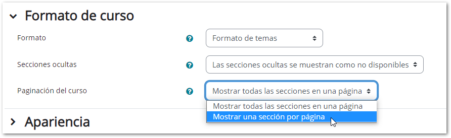 Apartado formato de curso del formulario de configuración de un curso