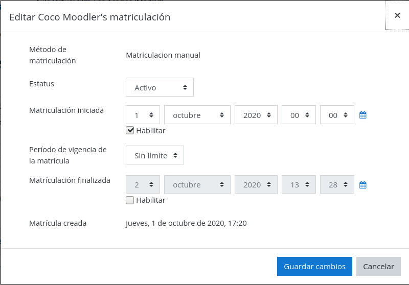 Muestra las opciones de configuración de un usuario o usuaria concreto