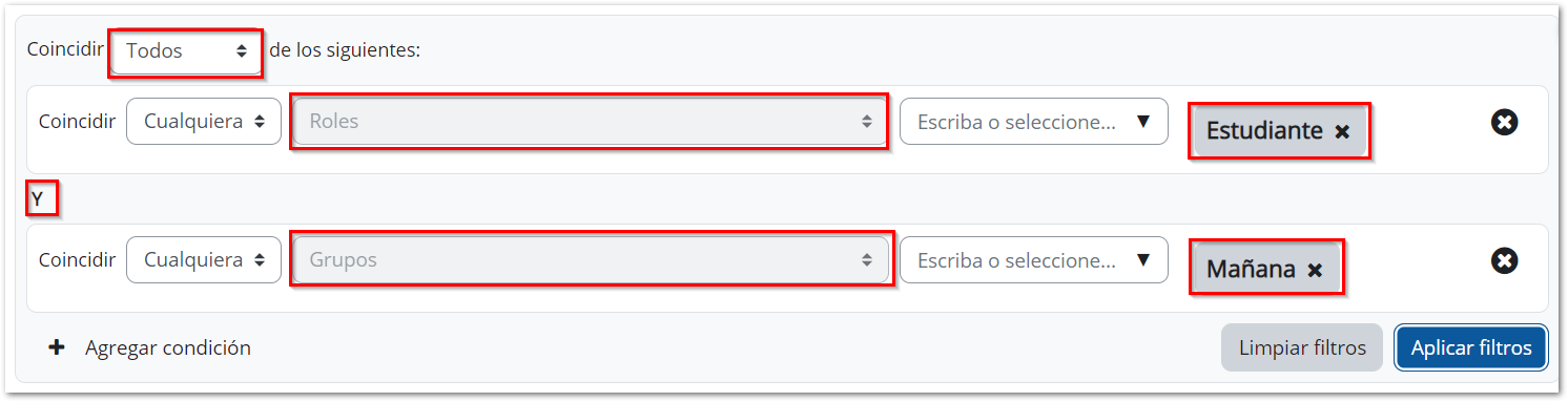 Filtro de participantes por rol y por grupo