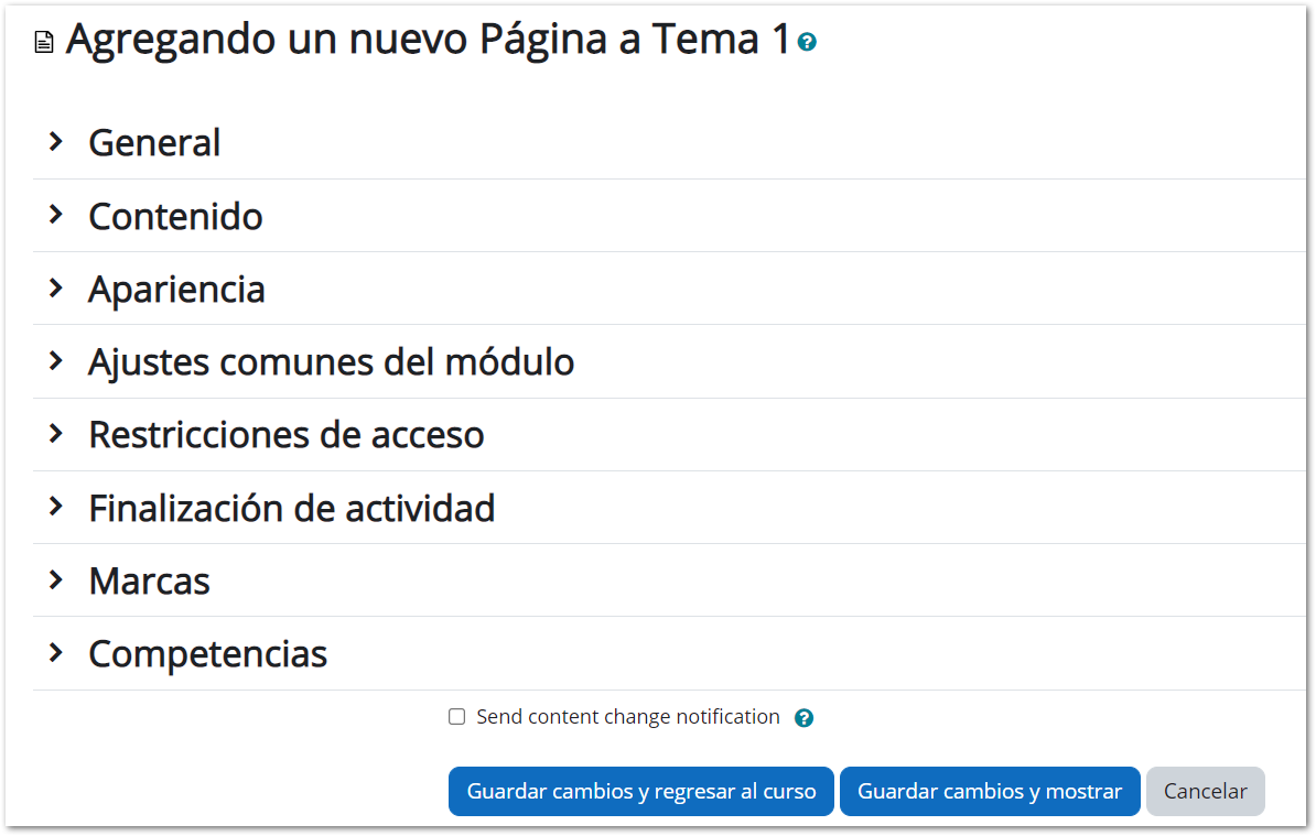 secciones del formulario de definición de una página colapsado