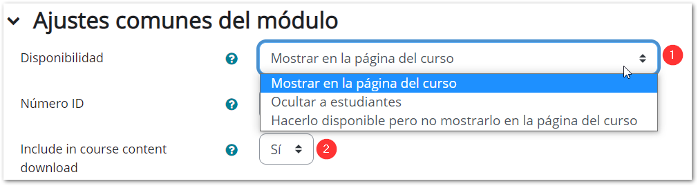 Muestra el apartado Ajustes comunes al módulo de definición de página