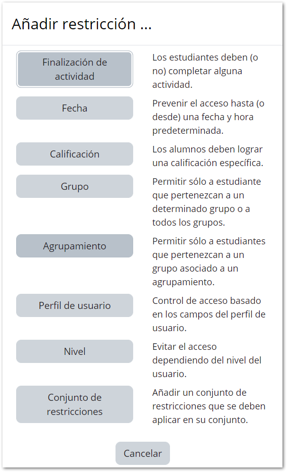 Muestra las posibilidades de definir condiciones de acceso a una página