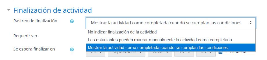 Muestralas opciones de Finalización de actividad en la definición de página