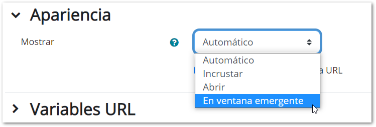 Opciones de dónde se abrirá la URL externa