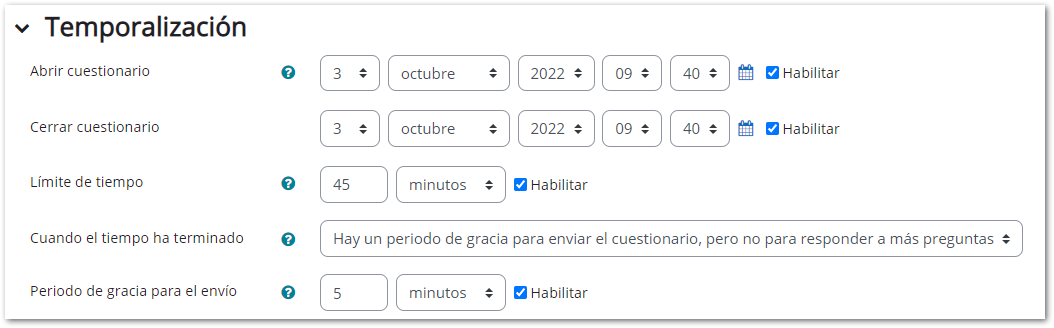 configuración cuestionario temporalización