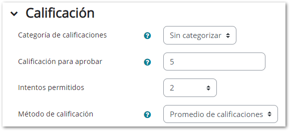 configuración cuestionario calificación