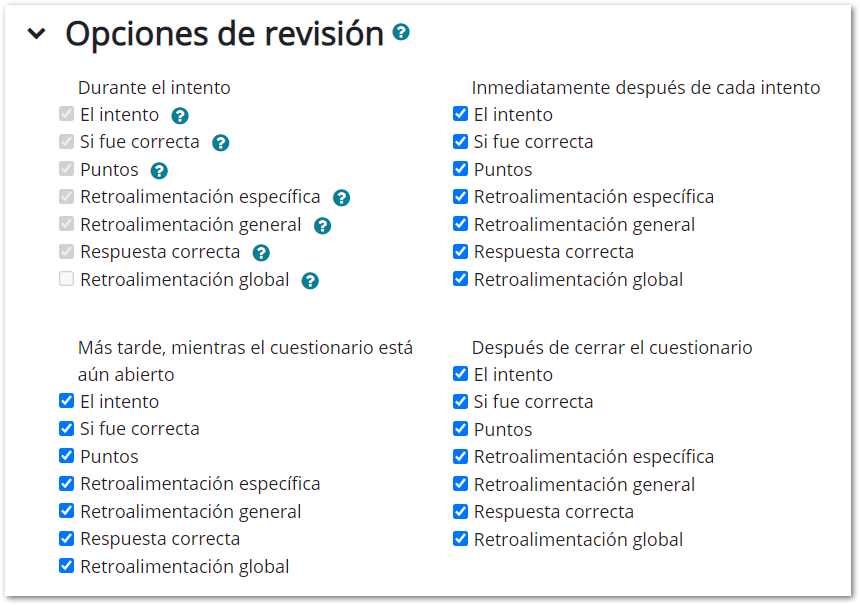 configuración cuestionario opciones