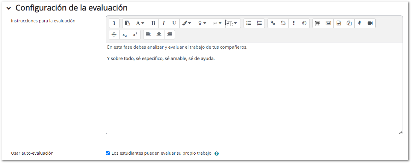 configuración taller evaluación