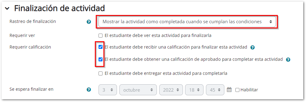 configuración tarea finalización