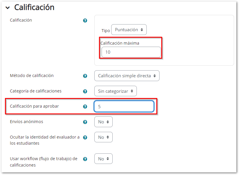 configuración tarea calificación