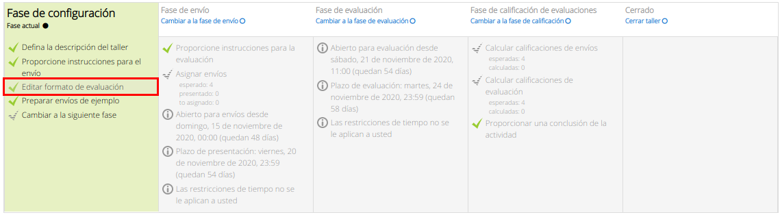 configuración taller fase