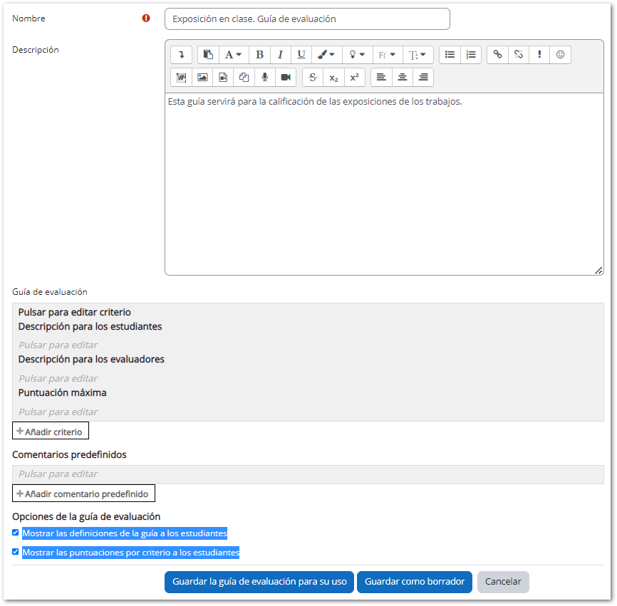 configuración guía de evaluación