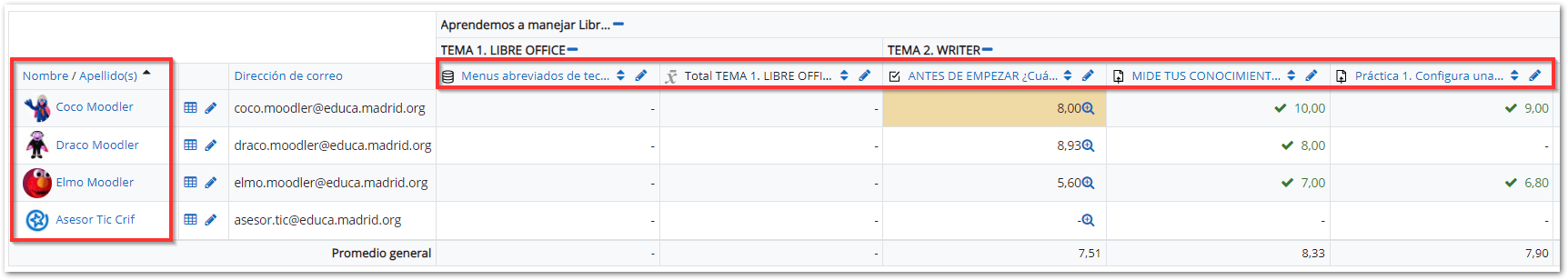 Vista del informe del calificador