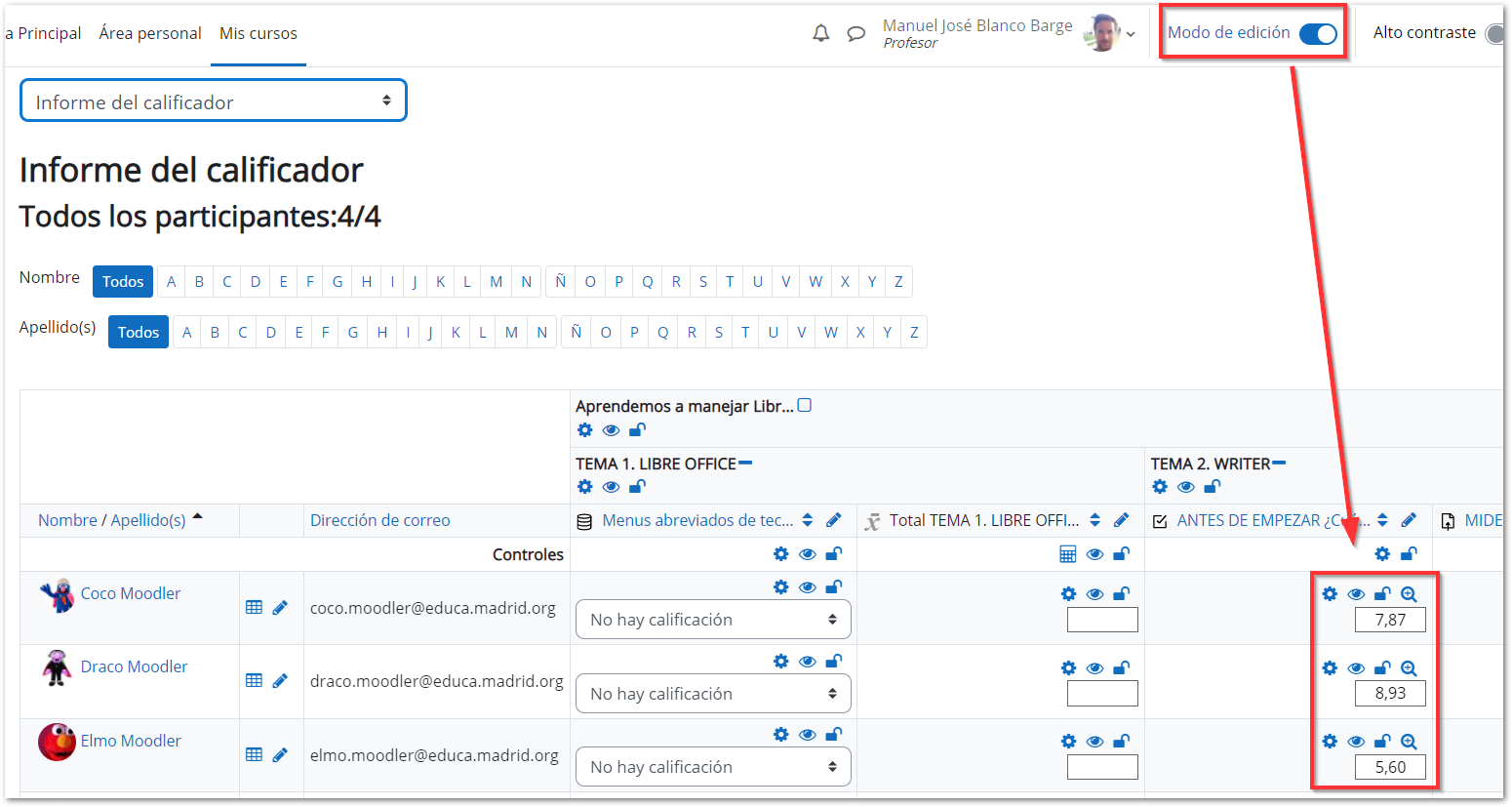 Modo edición del calificador