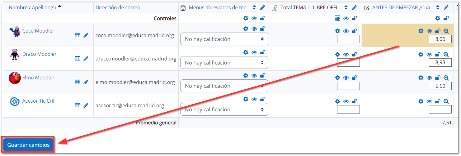 Cambiar una calificación al alumno directamente desde el calificador