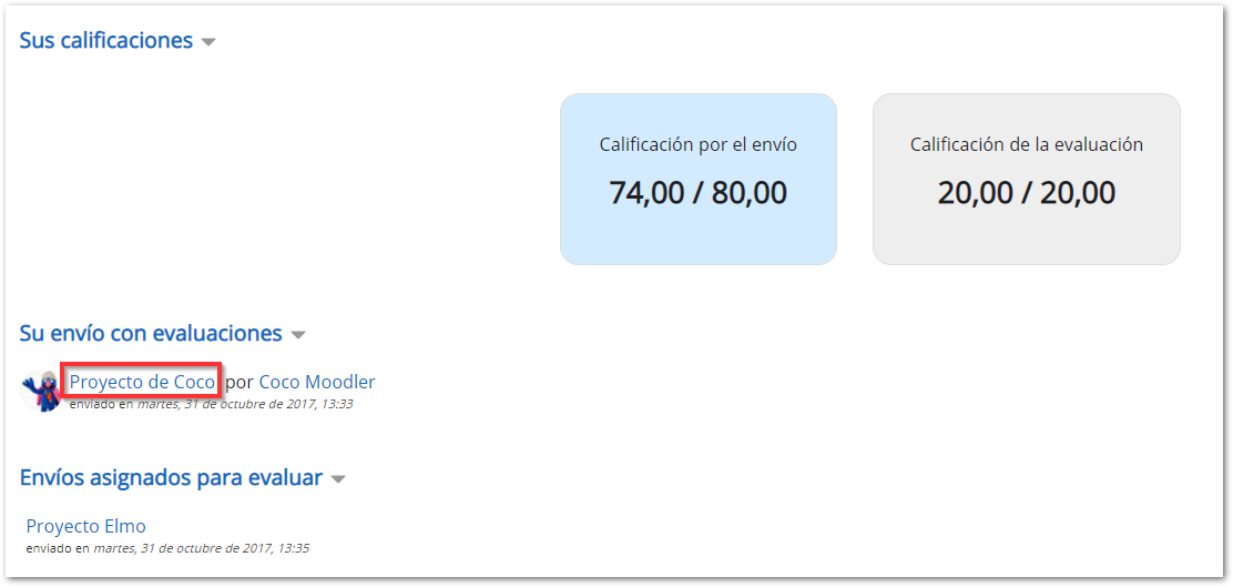 Calificación del taller desde la vista del alumno 