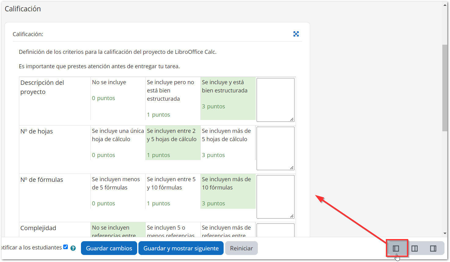 Vista solo de calificaciones al calificar a un alumno/a