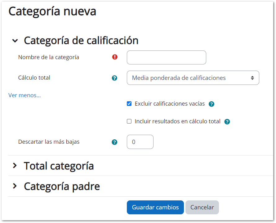 Ventana de creación de categoría en el libro de calificaciones