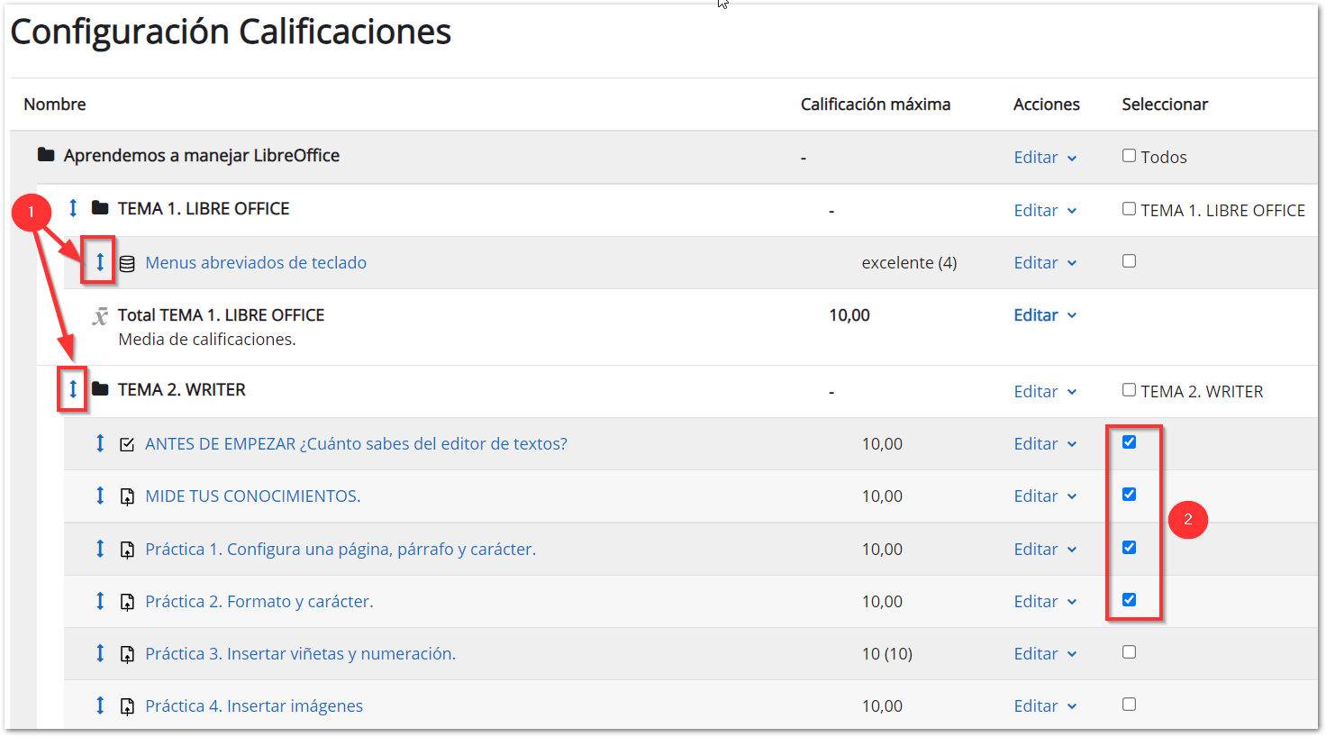 Mover items y categorías