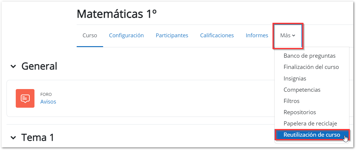 Menú reutilización del curso