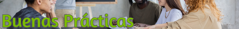 Fotografía de un aula con adolescentes colaborando y el título de buenas prácticas