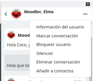 Opciones que se muestran para los contactos de la mensajería interna del aula virtual.