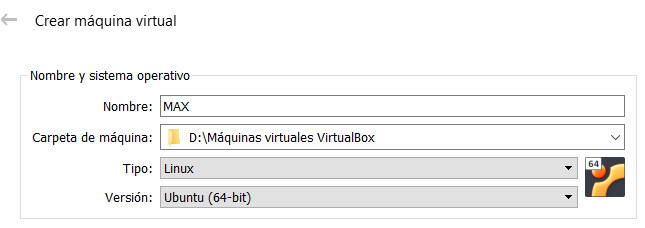 nombre y sistema operativo en VirtualBox