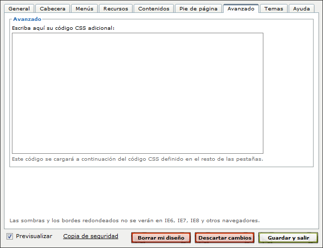 La pestaña Avanzado del Diseñador web