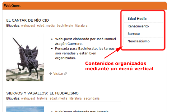 Contenidos organizados mediante menú vertical