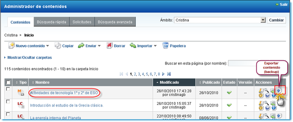 Exportar contenido (backup)