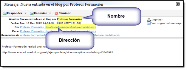 Blog. Notificación por correo. Datos del remitente.