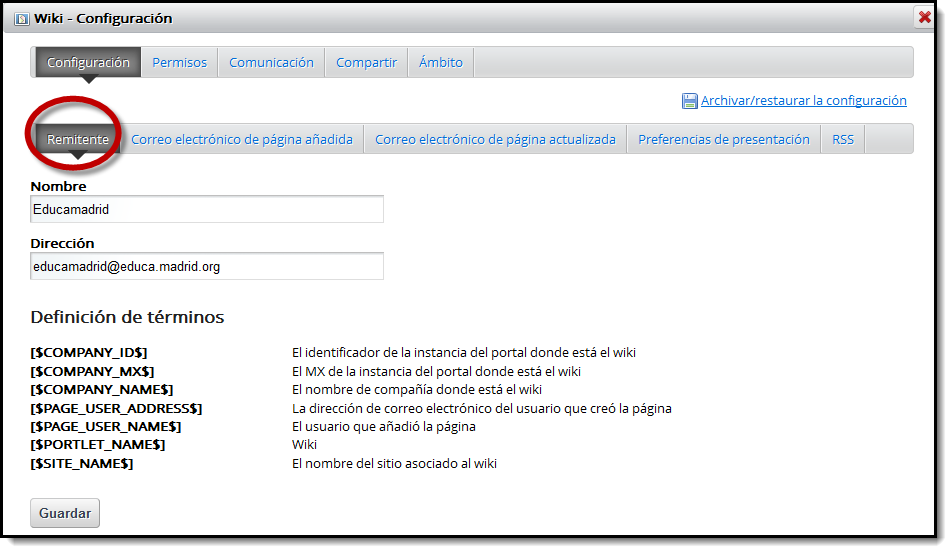 Wiki. configuración de Remitente